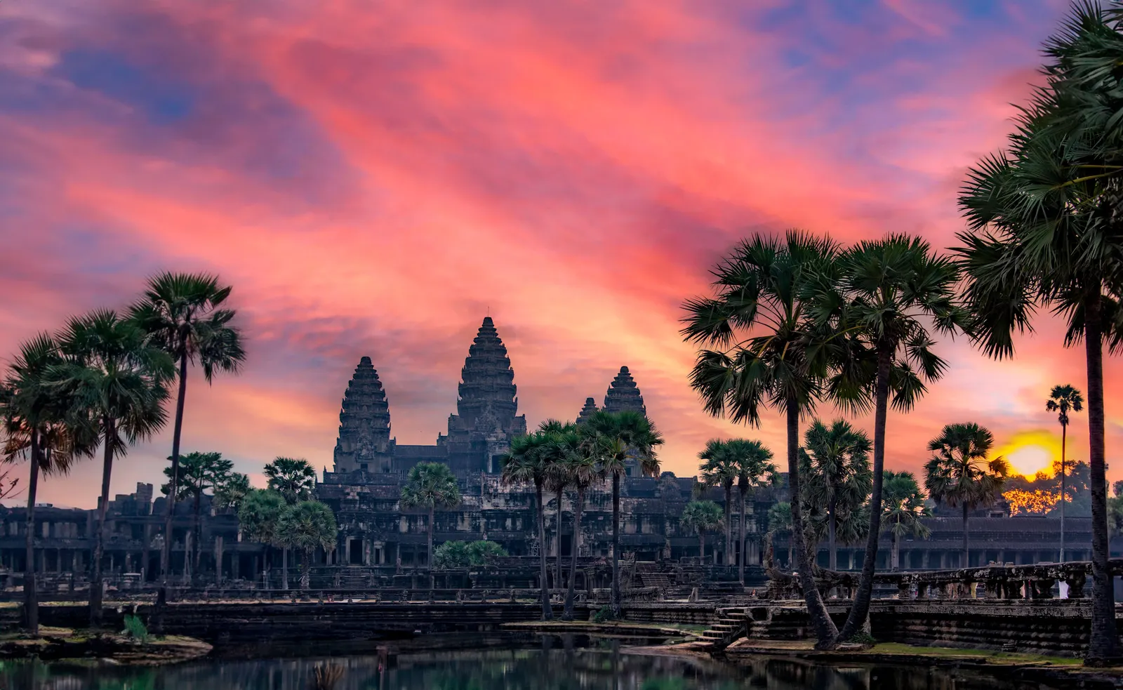 Templo de Angkor Wat recortado contra un cielo de amanecer, entre palmeras, Camboya