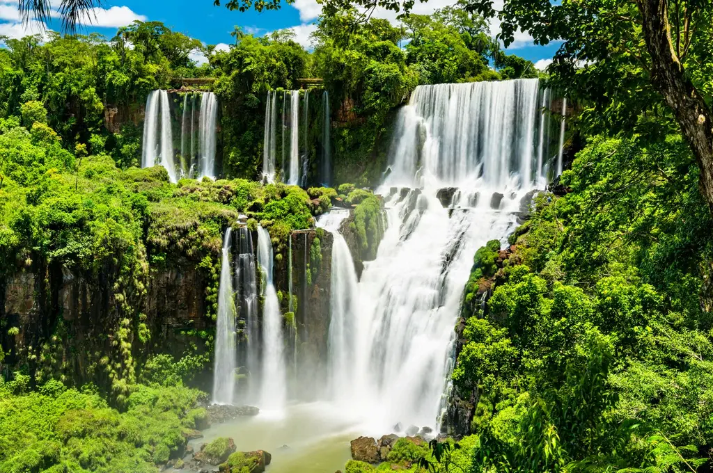 Los saltos de agua de las cataratas del Iguazú cayendo en varios escalones entre la vegetación densa de la selva subtropical.