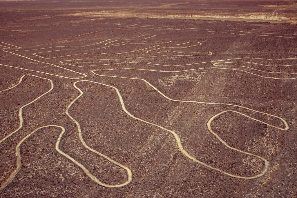Las líneas de Nazca vistas desde el aire, con los trazos claros dibujados sobre el desierto rojizo y la llanura extendiéndose hasta el horizonte.