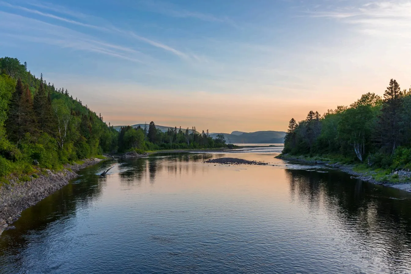 Un río ancho de aguas quietas entre orillas de bosque de coníferas, con el cielo anaranjado del atardecer reflejado en la superficie.